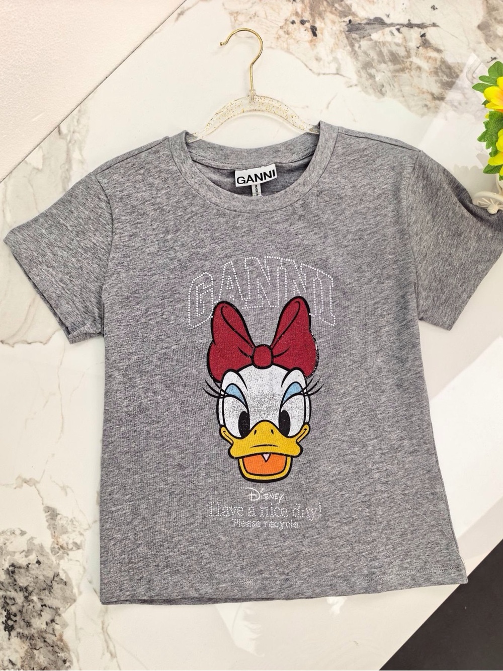 Ganni Heather Gray Tee with Daisy Duck Face and Red Bow